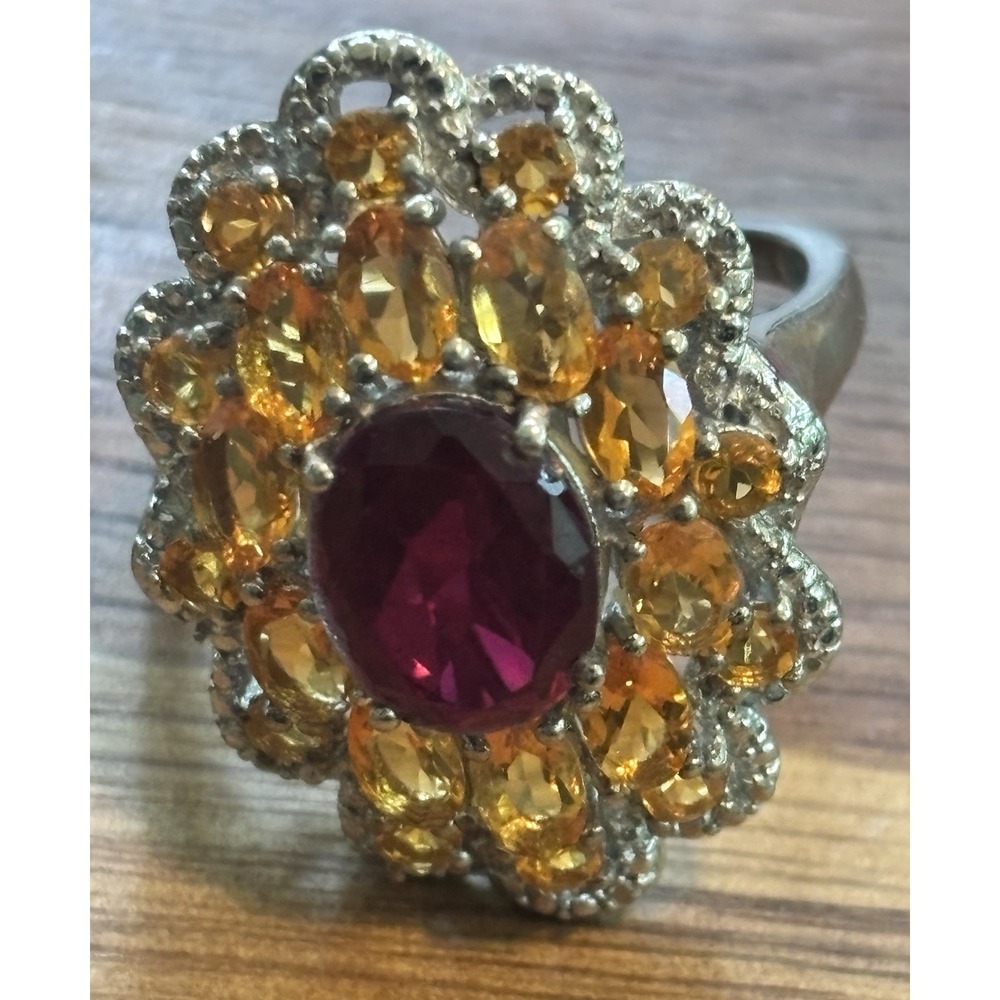 Rhodolite Garnet Citrine Sterling Silver STS Ring Size 9.25